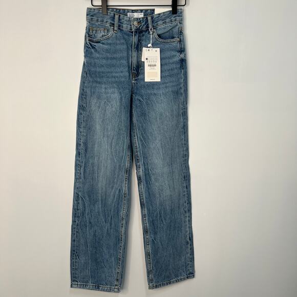 Bershka High Waist Straight Leg Denim Jeans Blue 100% Cotton Size 00 NWT Y2K - Picture 2 of 12